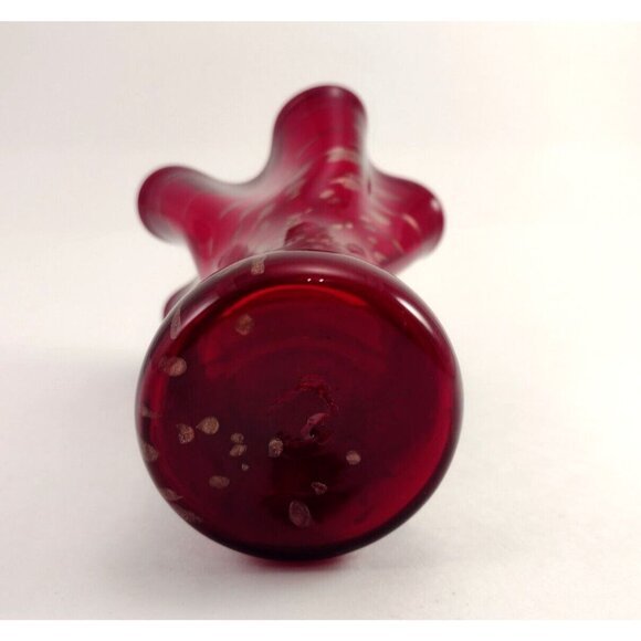 Glass Eye Studio GES Ruby Red Ruffled Art Glass Vase w/ Copper Flecks - Picture 5 of 10